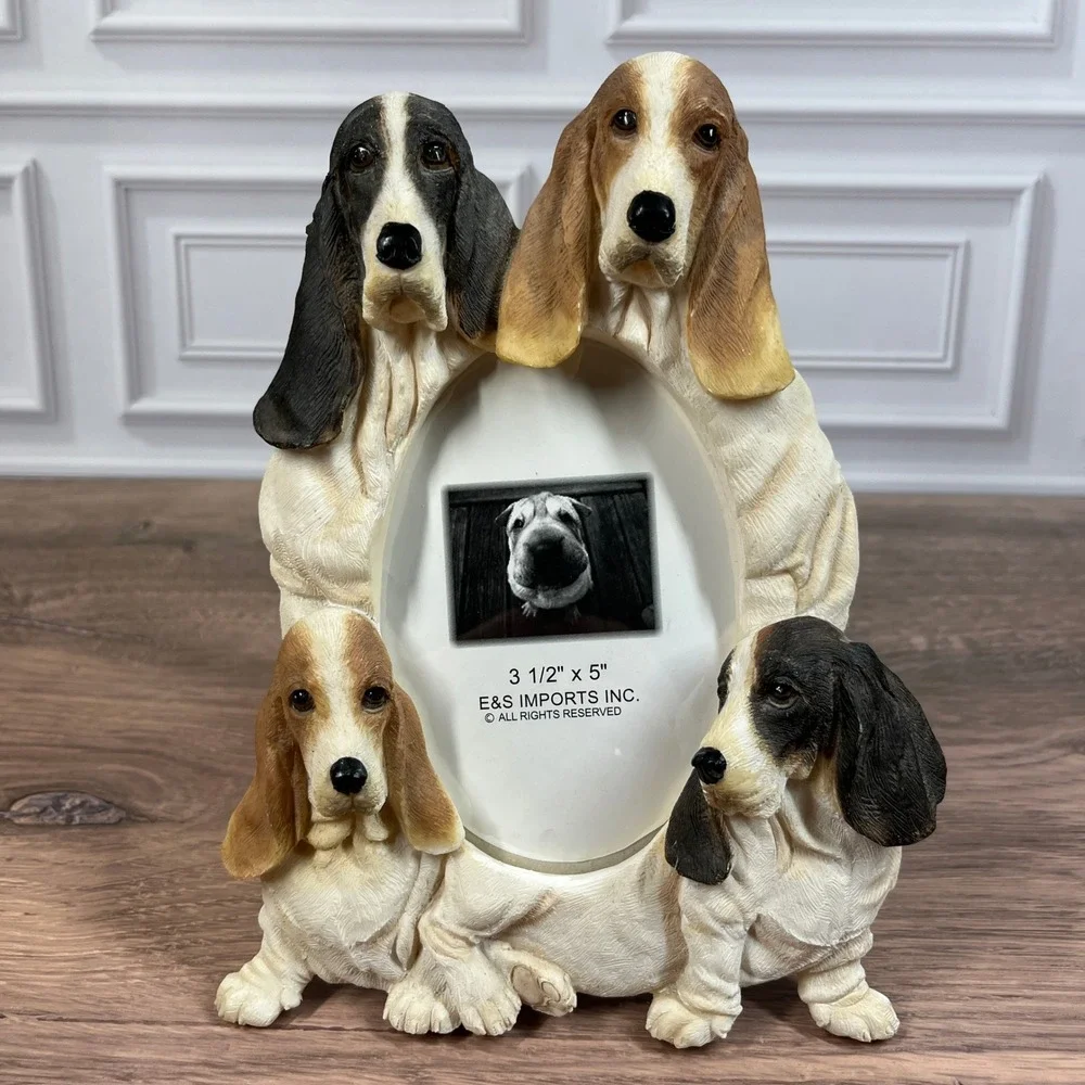 E&S Imports Basset Hound Photo Frame & Figurines Set Brown Black White Resin 3pc